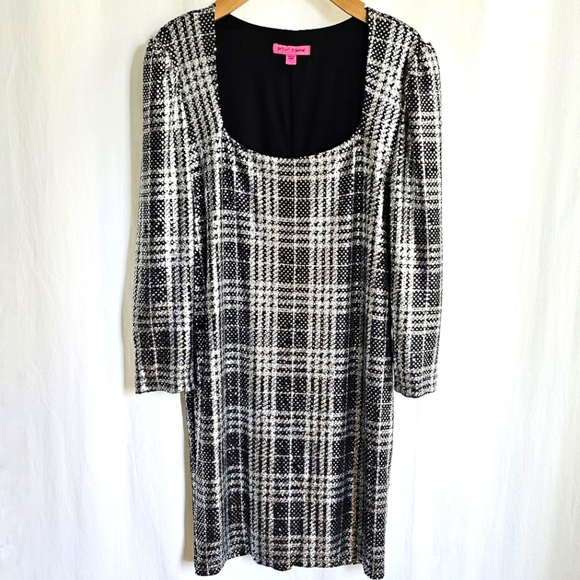 Betsey Johnson Black & Silver Metallic Plaid Glitter Sequin Mini Dress - Picture 6 of 16